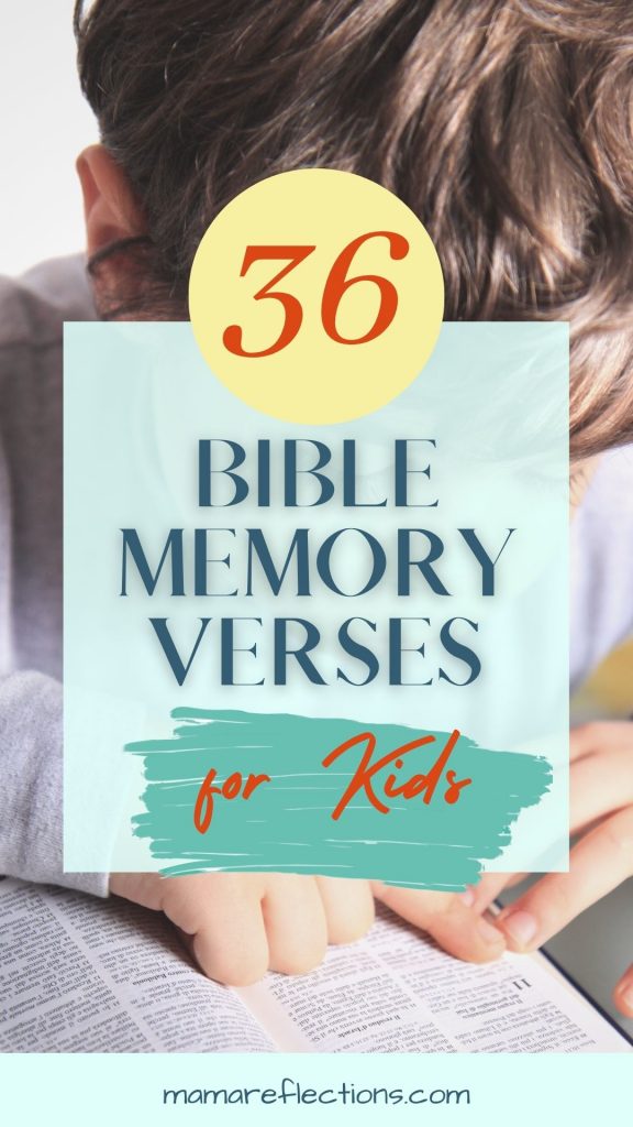 Bible Memory Verses for Kids pinnable image of a boy pointing at a Bible verse with his finger.