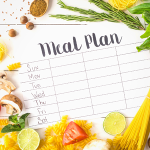 feature image for how to meal plan for a family. Picture of a meal plan with food around it.