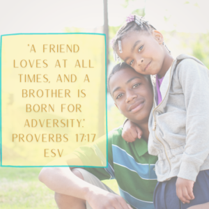 Proverbs 17:17 image with a brother and sister in background
