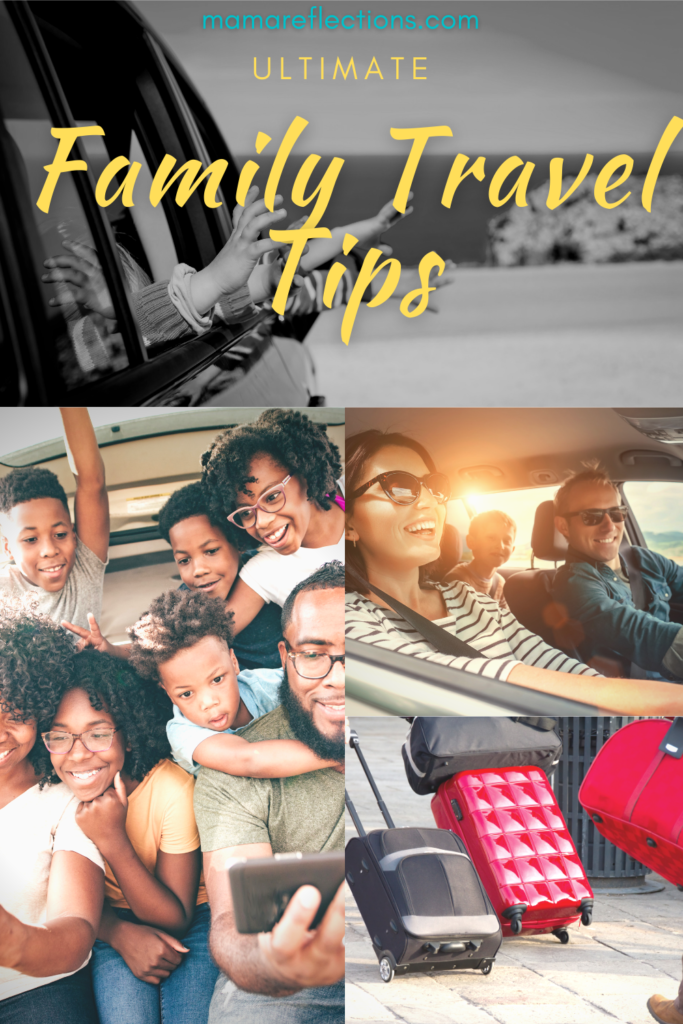 Pictures of families on a road trip. Pinnable image for Family Travel Tips
