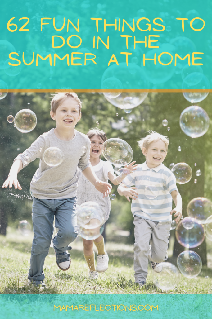 Three kids chasing bubbles. Pinnable image for fun things for kids to do in summer at home.