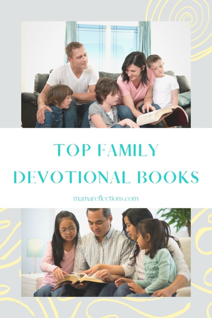 Top family devotional books pinnable image of 2 families gathered together with a Bible.