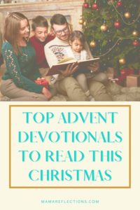 Advent devotional pin of family reading by Christmas tree