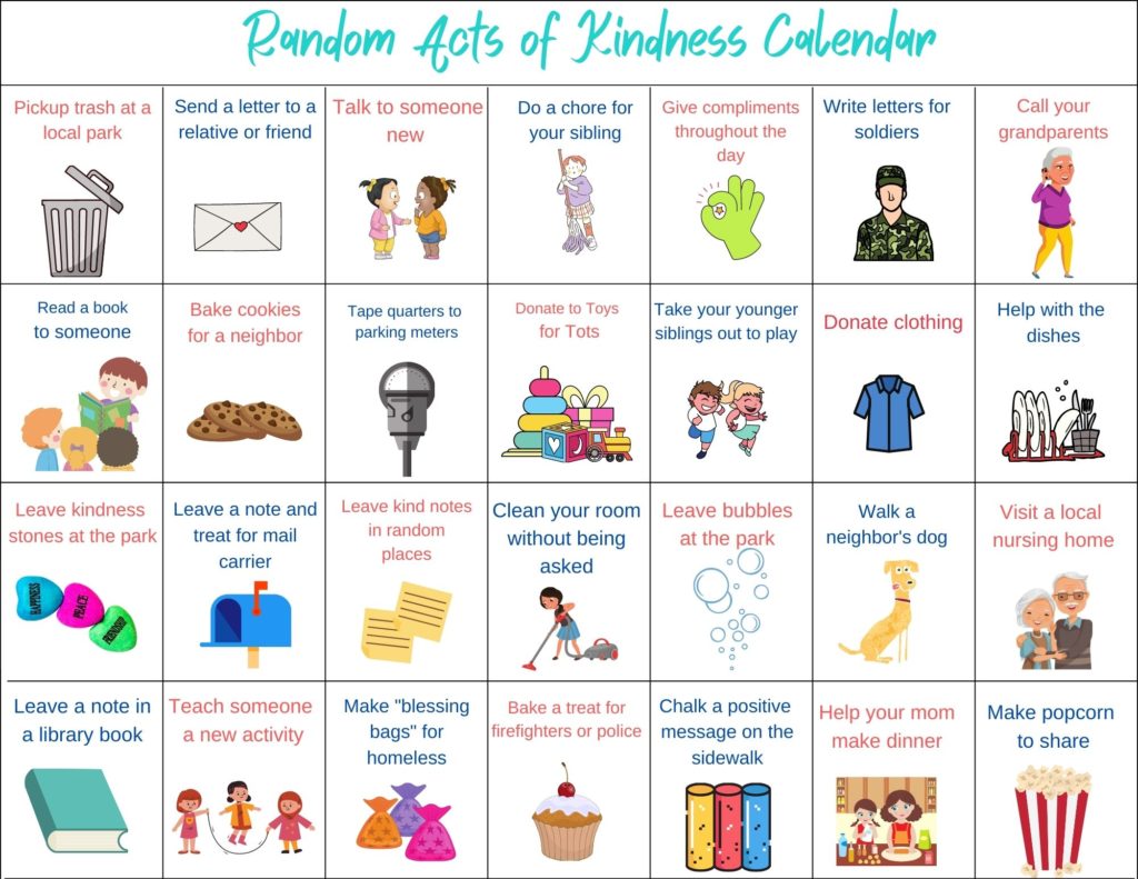 Random acts of kindness calendar printable with ideas and matching pictures