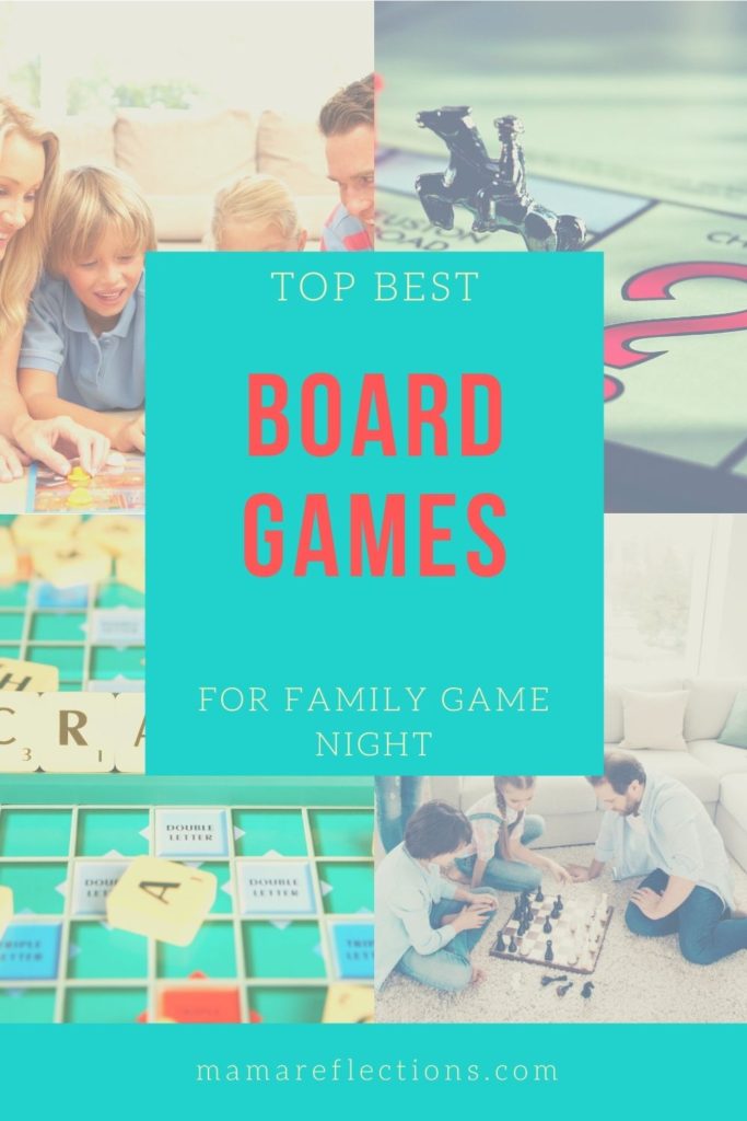 Board games for family game night pinnable image of 2 families playing games and 2 pictures of game pieces.
