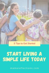 Live a simple life pinterest graphic of woman turning and smiling while walking with her family