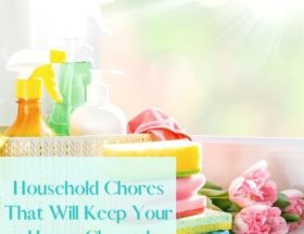 Household chores that will keep you house cleaned feature image of a cleaning basket with a stack of cleaning rags beside it