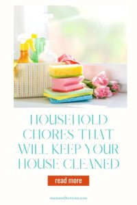 Household chores that will keep your house cleaned pinnable image of a cleaning basket and stack of rags
