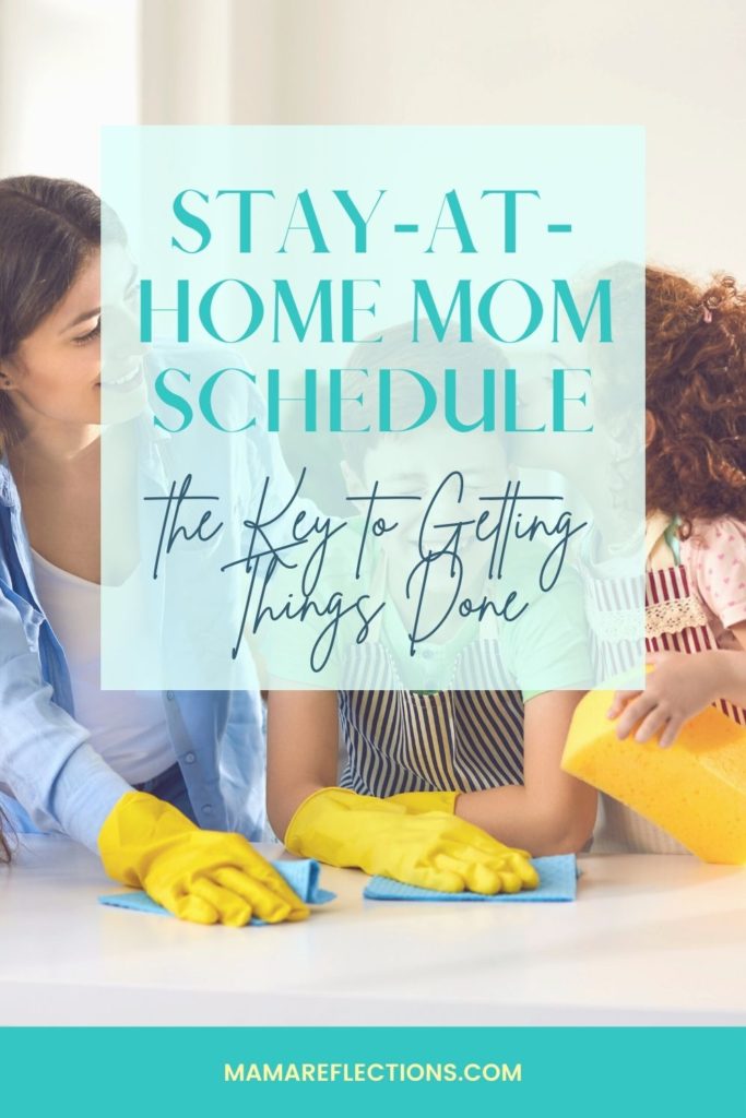 Stay-at-home mom pinnable image of a mom cleaning counter with 2 children