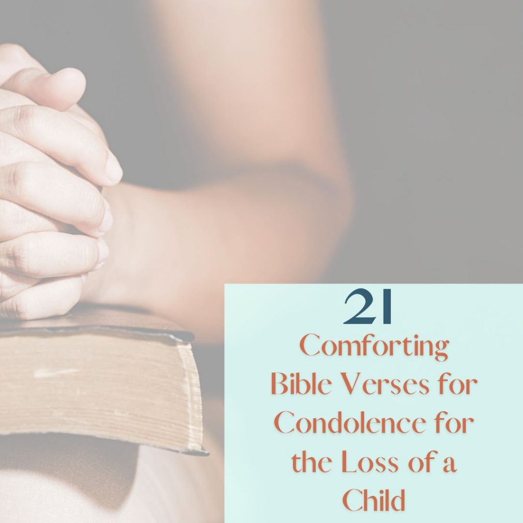Comforting Bible verses for loss of child feature image of a woman's folded hands on top of a closed Bible.