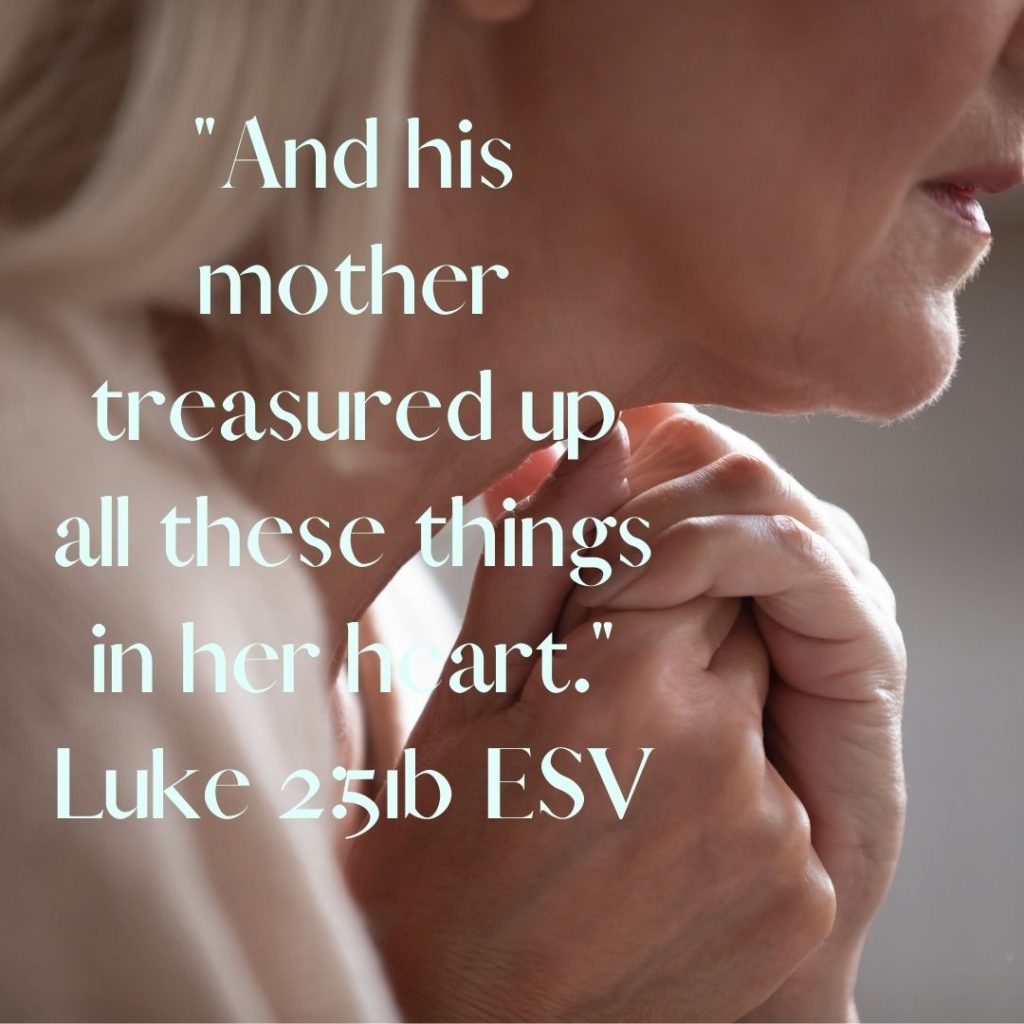 Luke 2:51b with a thoughtful woman's profile in the background