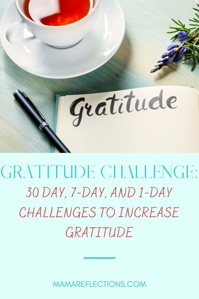 Pinnable image for 30 day gratitude challenge of calligraphy "gratitude" on a journal by a cup of tea