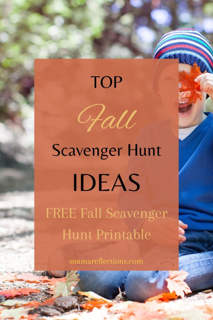 boy holding leaf pinnable image for fall scavenger hunt post