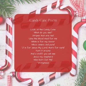 background of candy canes and pine boughs with Candy Cane Poem in the center