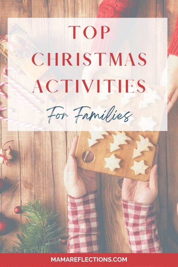 Christmas activities for families pinnable image of 2 pairs of hands passing a platter of cookies with candy canes and other Christmas decor in the background