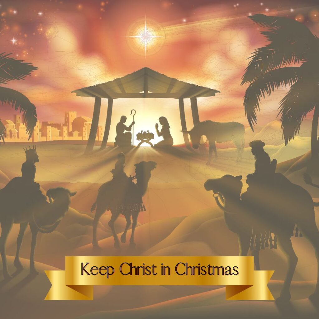 Keep Christ in Christmas image of Christmas nativity and wisemen coming on camels