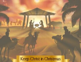 Keep Christ in Christmas image of Christmas nativity and wisemen coming on camels