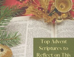 Feature image of Top Advent Scriptures with open Bible surrounded by greenery and gold bells