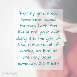 Ephesians 2:8-9 verse image with woman praying in the background
