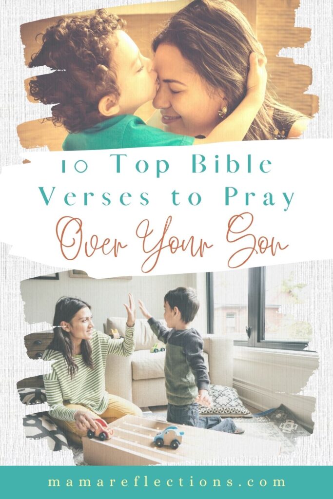 Bible Verses to pray over your son pinnable image of a boy kissing his mom and a mom and boy giving a high five.