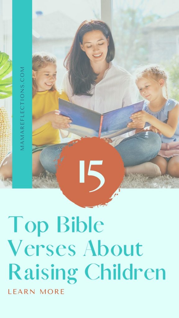 Bible verses about raising children pinnable image of a mom reading to her two daughters.