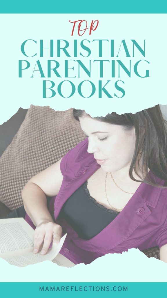 Christian parenting books Pinterest pin of woman sitting on a sofa reading.