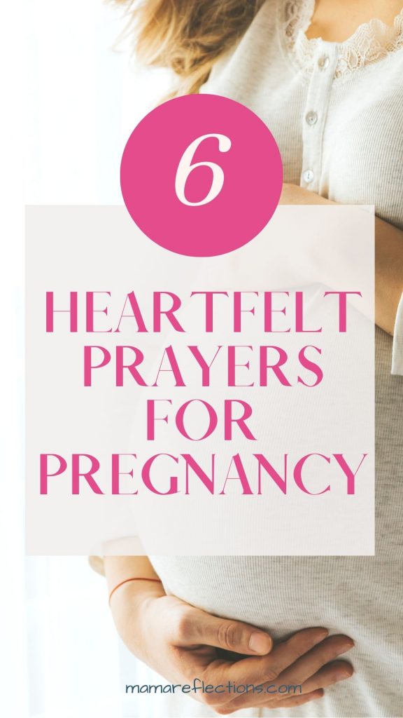 Prayers for pregnancy pinnable image of a pregnant woman with hand above and below belly.