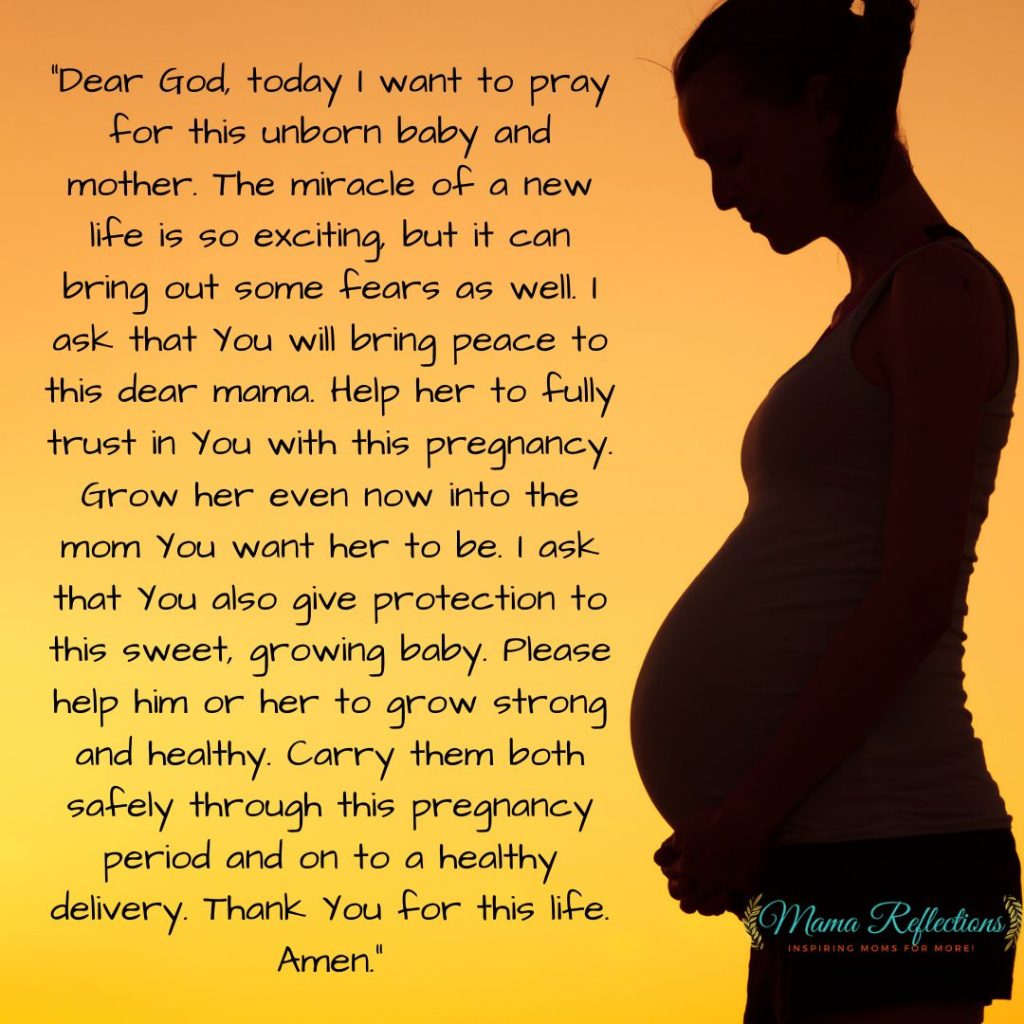 My prayer for an unborn baby and mother beside the silhouette of a pregnant woman.