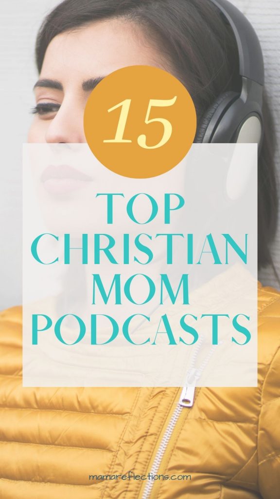 Christian mom podcasts feature image of a woman listening with headphones