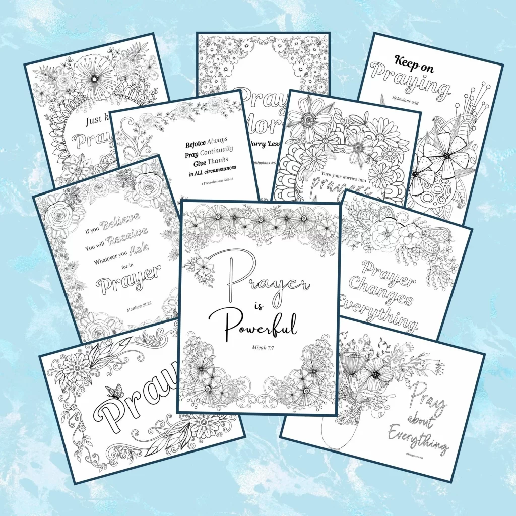 Image of the different pages of the All Things in Prayer Coloring Book