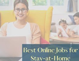 Online jobs for stay-at-home moms feature image of mom sitting in yellow chair with laptop while children are playing in the background.